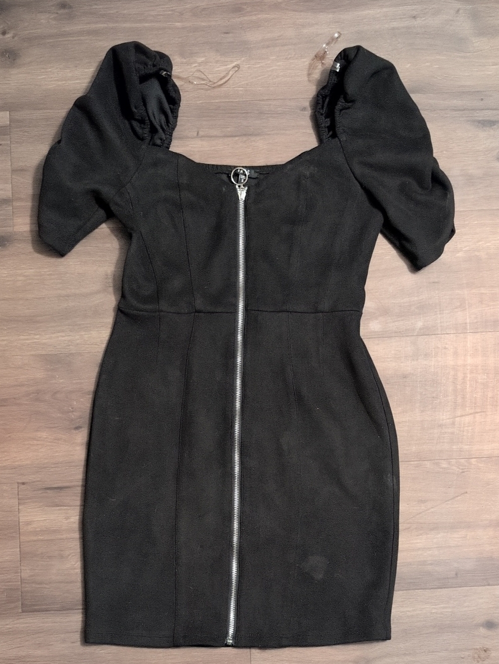 Iris Black Puff-Sleeve Zip-Front Mini Dress